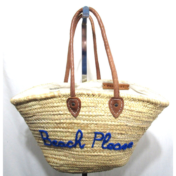 Poolside "Beach Please" Large String Embroidered Straw Beach Tote Bag - Picture 1 of 12